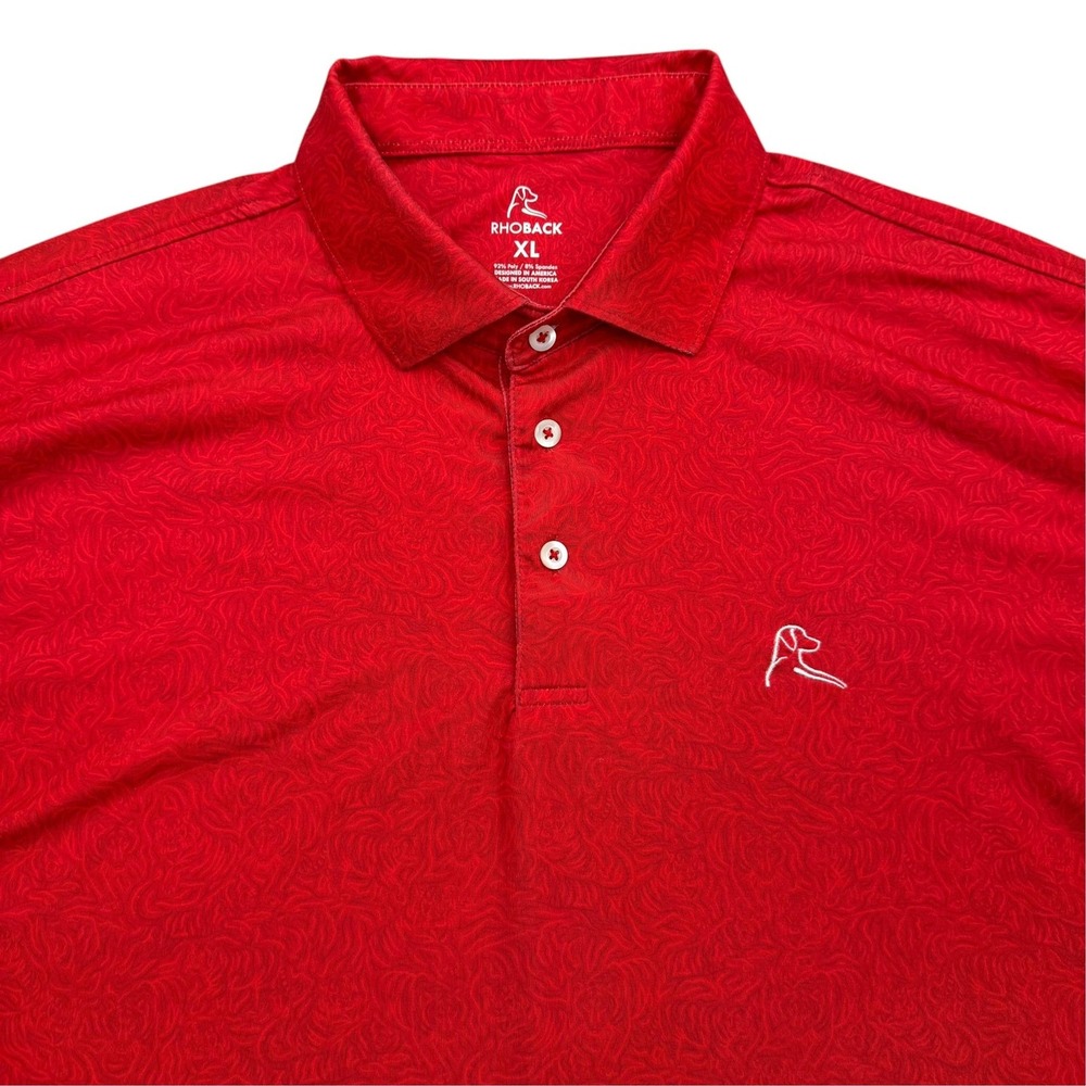 Rhoback Polo Shirt Mens XL Red Tiger Graphic Polyester Spandex Golf Performance